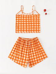 Plaid Print Pajama Set Crew Neck Cami Top & Elastic Waistband Shorts