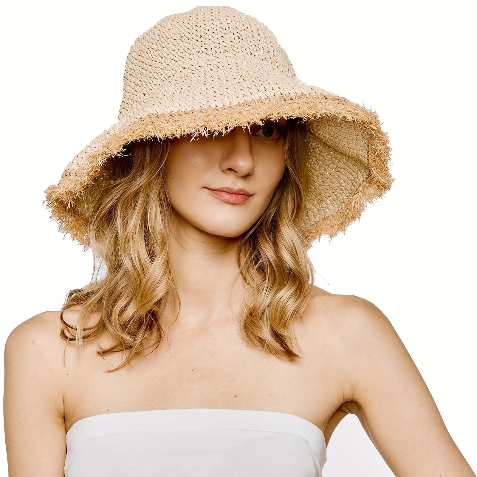 Frayed Brim Sun Hat Packable Wide Brim Beach Hat