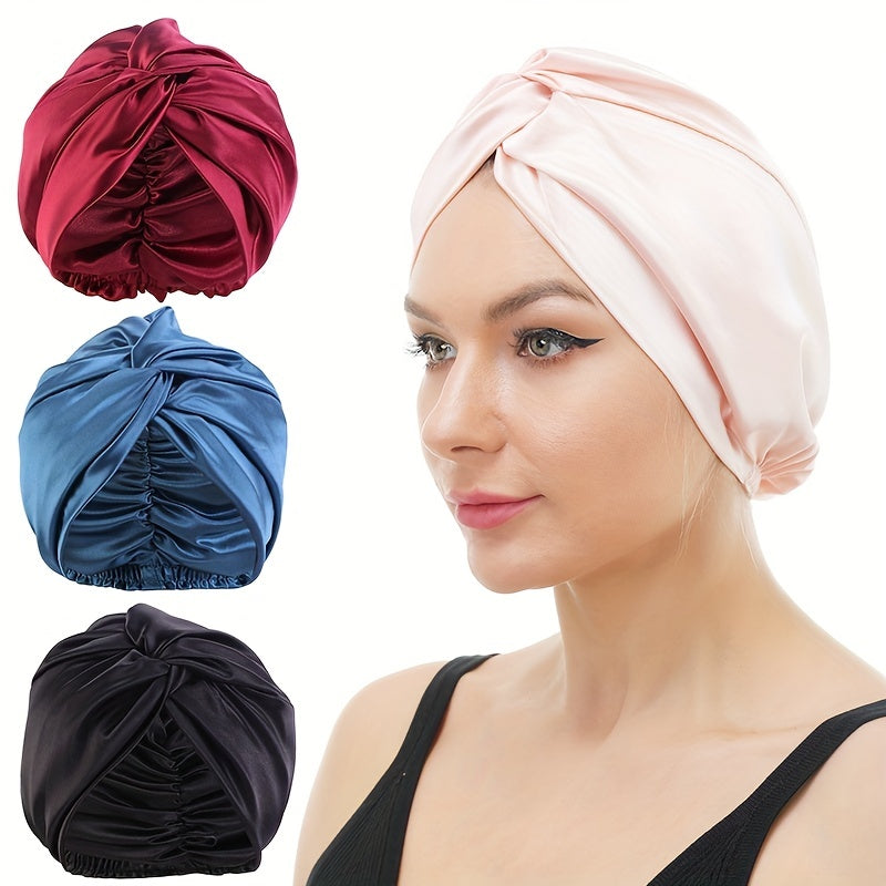 Soft Satin Bonnet Silk Double Layer Turban Night Cap Solid Pre Tied Knotted