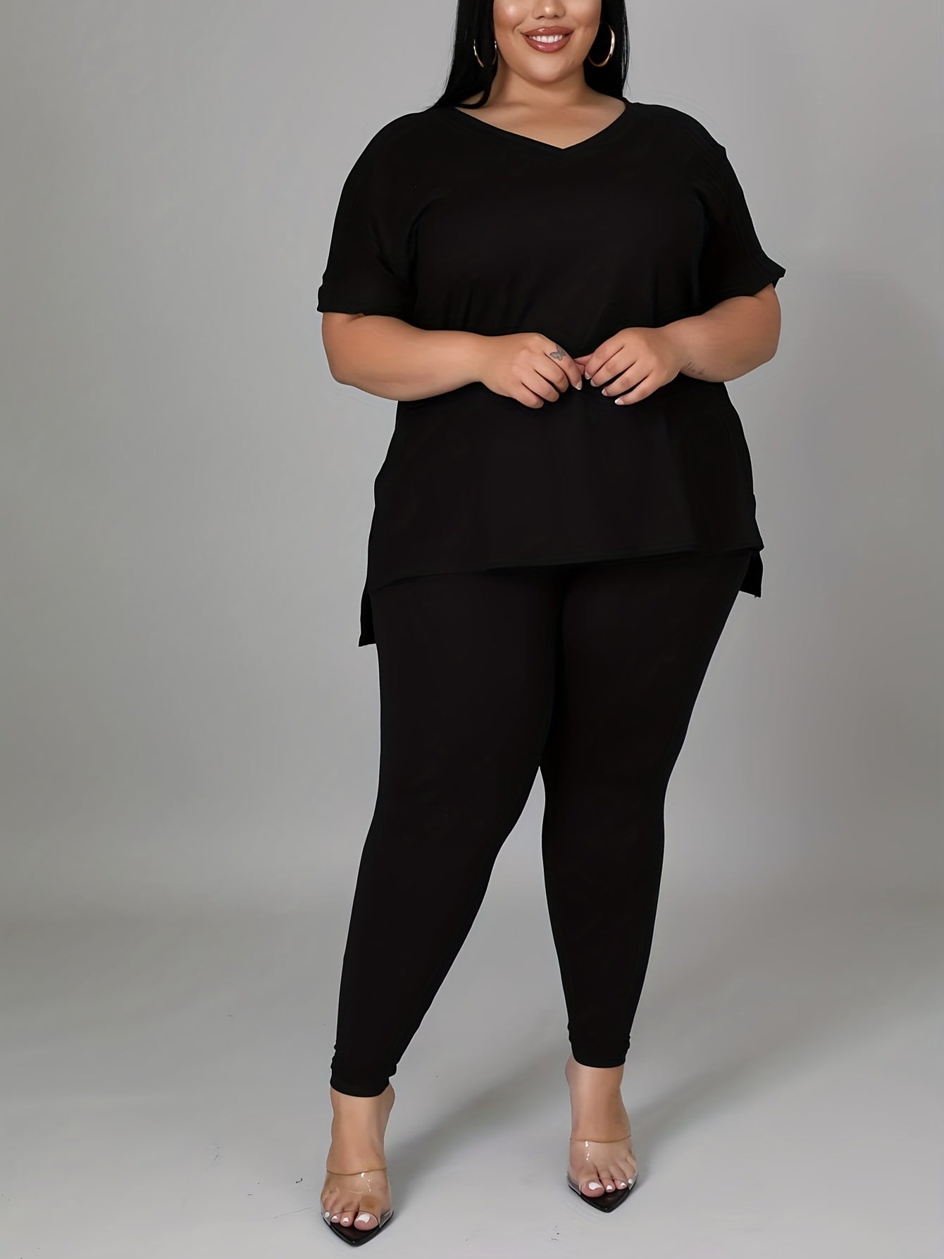  Solid V Neck Top & Skinny Pants 2 Piece Set