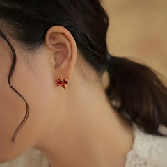 Adjustable Ring Necklace And Earrings Set Red Leaf Artificial Diamond