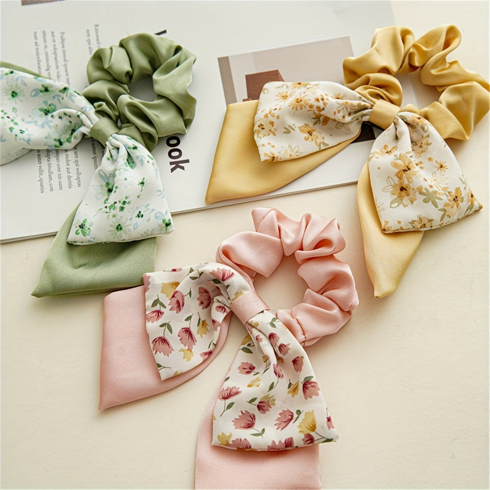 Floral Bow Hair Tie Scrunchie Ponytail Band Hair Accessories