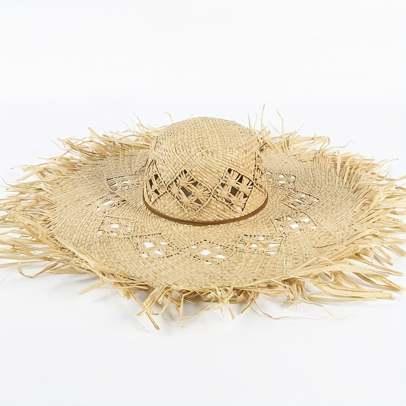 Women's Apricot Raffia Straw Hat Frayed Hand Woven Beach Sun Hat