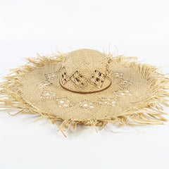 Women's Apricot Raffia Straw Hat Frayed Hand Woven Beach Sun Hat
