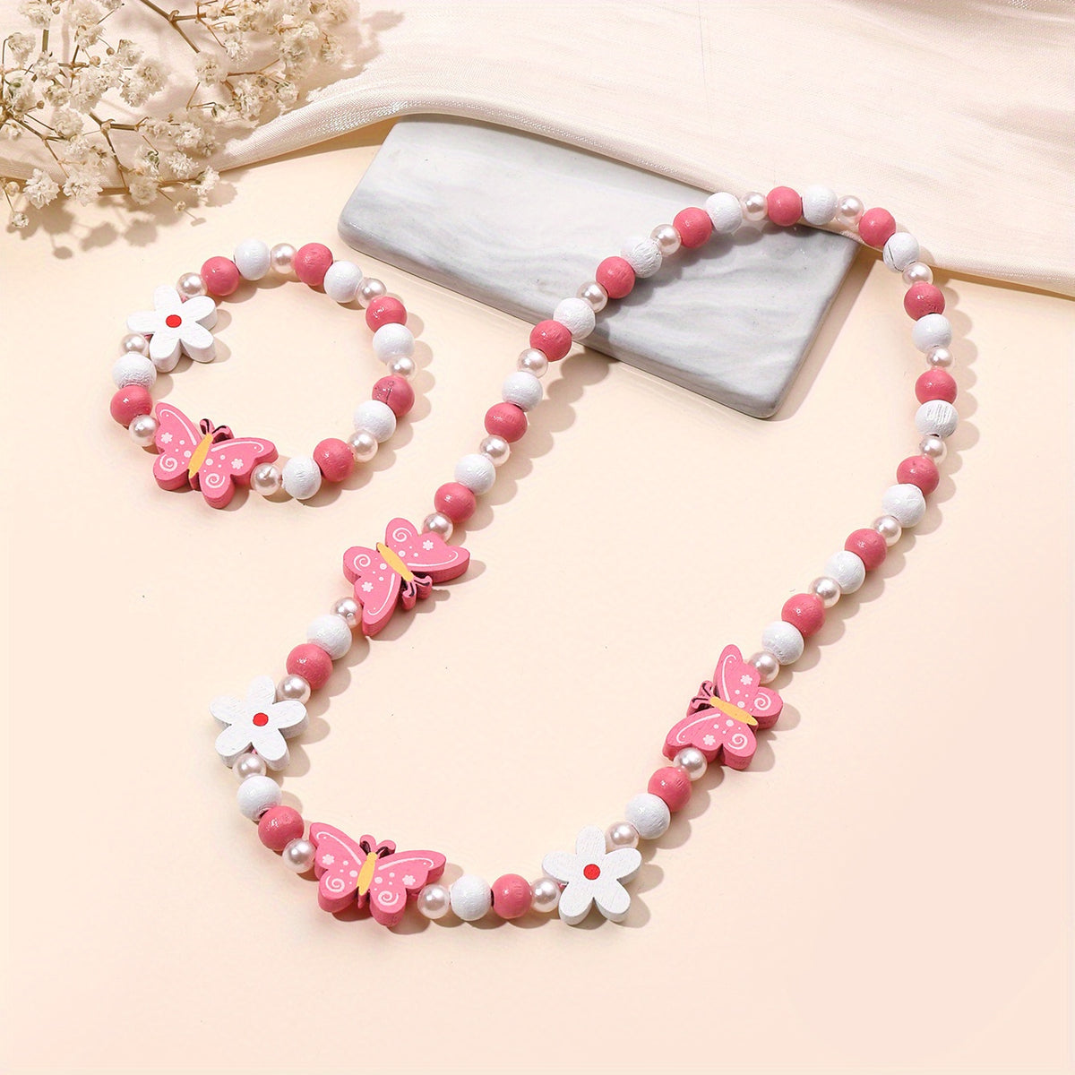 Cartoon Butterfly Flower Rainbow Beaded Necklace Bracelet Set for Girls