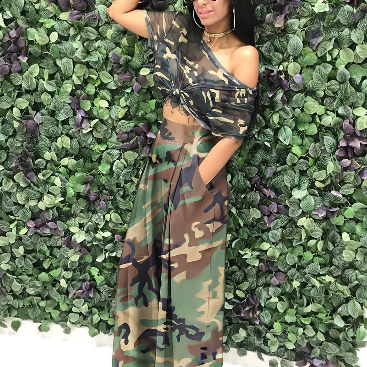 Camouflage Print Wide Leg Pants
