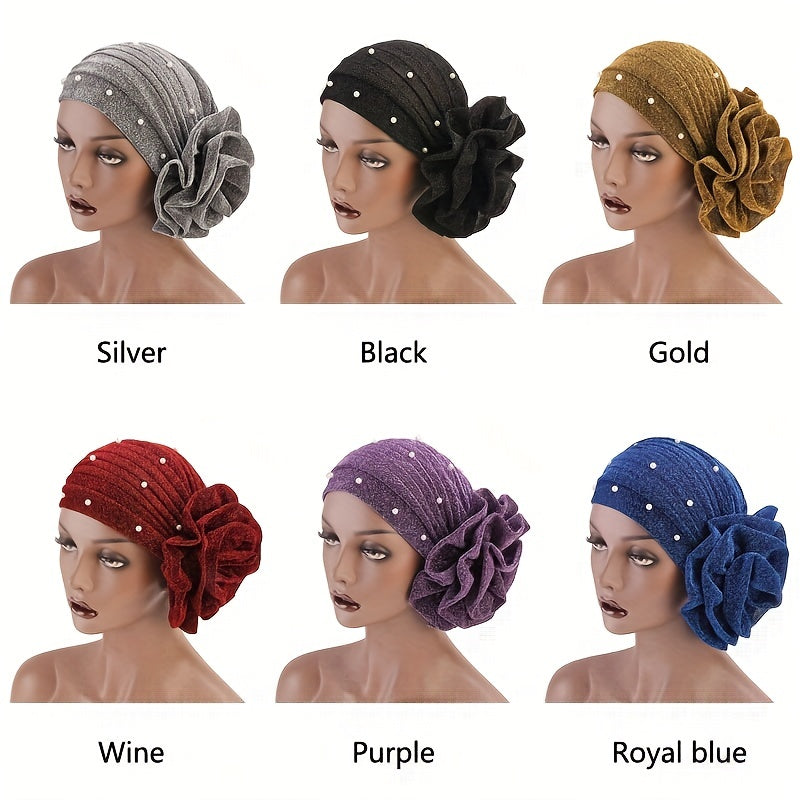 Faux Pearl Turban Cap Elastic Head Wrap Chemo Hats