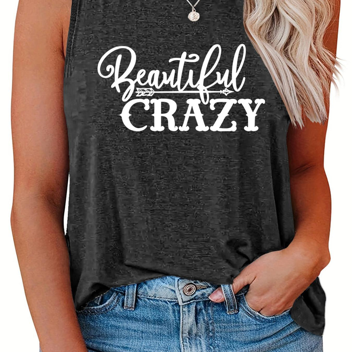  Casual Tank Top Women's Plus Slogan Print Round Neck Stretch Tank Top