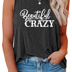  Casual Tank Top Women's Plus Slogan Print Round Neck Stretch Tank Top