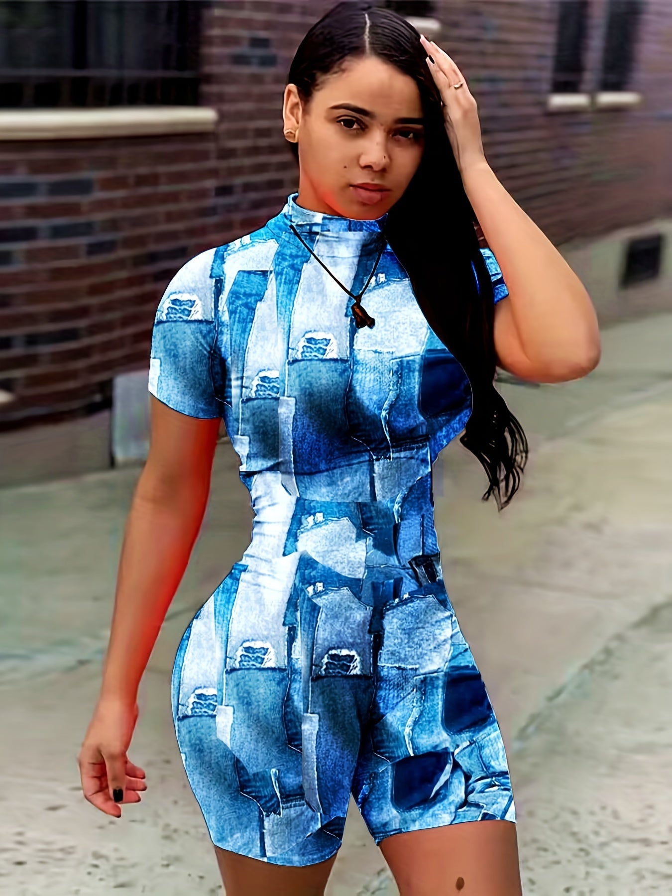 Denim Print Mock Neck Romper Jumpsuit Short Sleeve