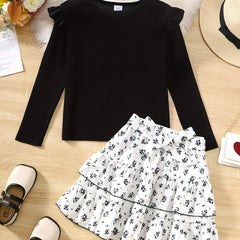 Girl's 2pcs Top & Floral Pattern Skirt Set Ruffle Decor Casual Kid's Clothes