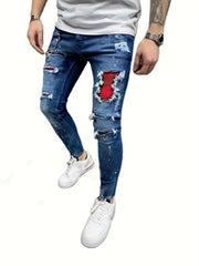 Mens Ripped Jeans Paint Splatter Chain Casual Street Style Denim Pants