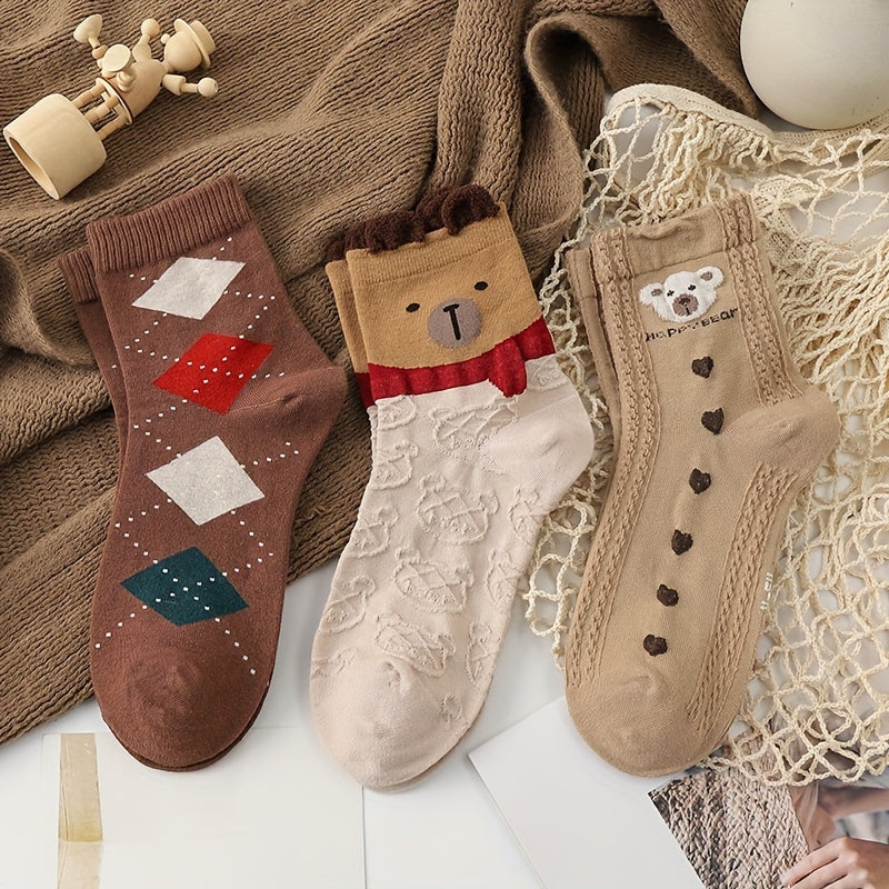 5 Pairs Bear Print Mid Tube Socks Women's Stockings