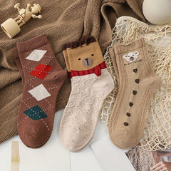 5 Pairs Bear Print Mid Tube Socks Women's Stockings