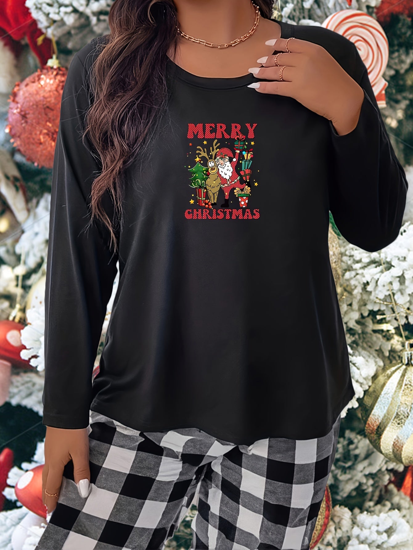 Santa Claus Graphic Long Sleeve Sleepwear Top