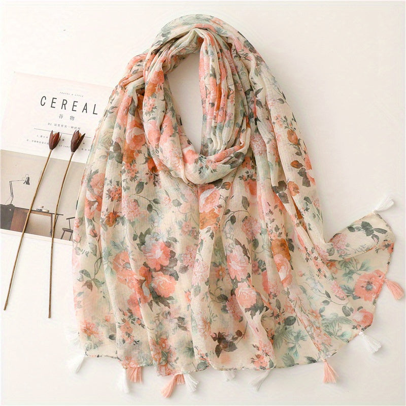Beige Flower Print Scarf Tassel Shawl for Women