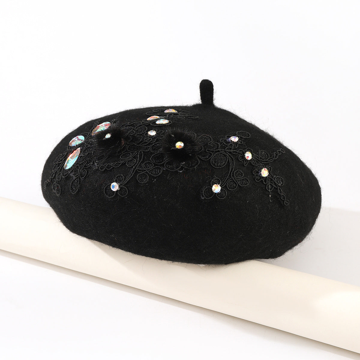 Rhinestone Flower Woolen Beret Hat for Women Girls