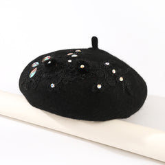 Rhinestone Flower Woolen Beret Hat for Women Girls