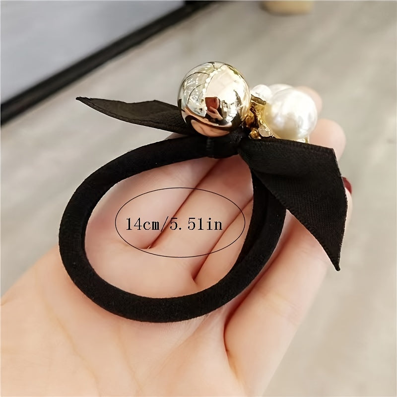 Faux Pearl & Bow Hair Tie Elastic Ponytail Holder