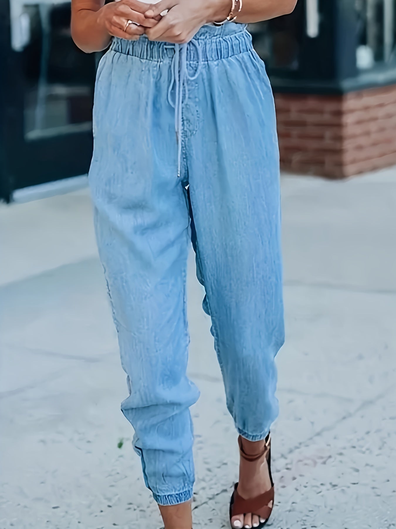  Casual Jeans Women's Plus Solid Drawstring Paperbag Waist Jeans