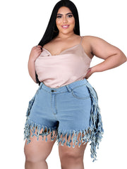  Fringe Trim Denim Shorts Women's Plus Medium Stretch Jean Shorts