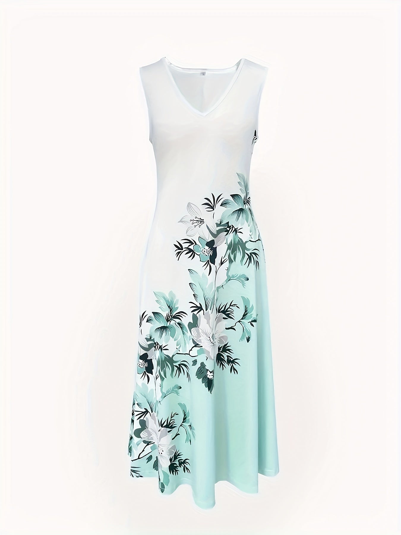  Colorblock Floral Print V Neck Tank Dress & Half Sleeve Coat Set