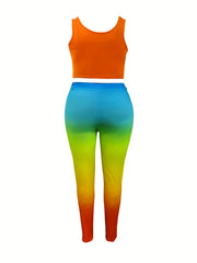  2 Piece Set Crew Neck Tank & Ombre Print Leggings