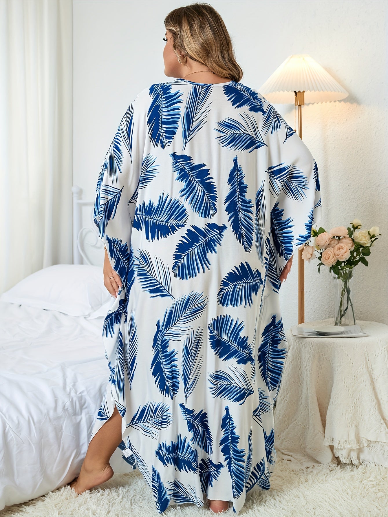  Boho Cover Up Women's Plus Tropical Print Batwing Sleeve V Neck Split