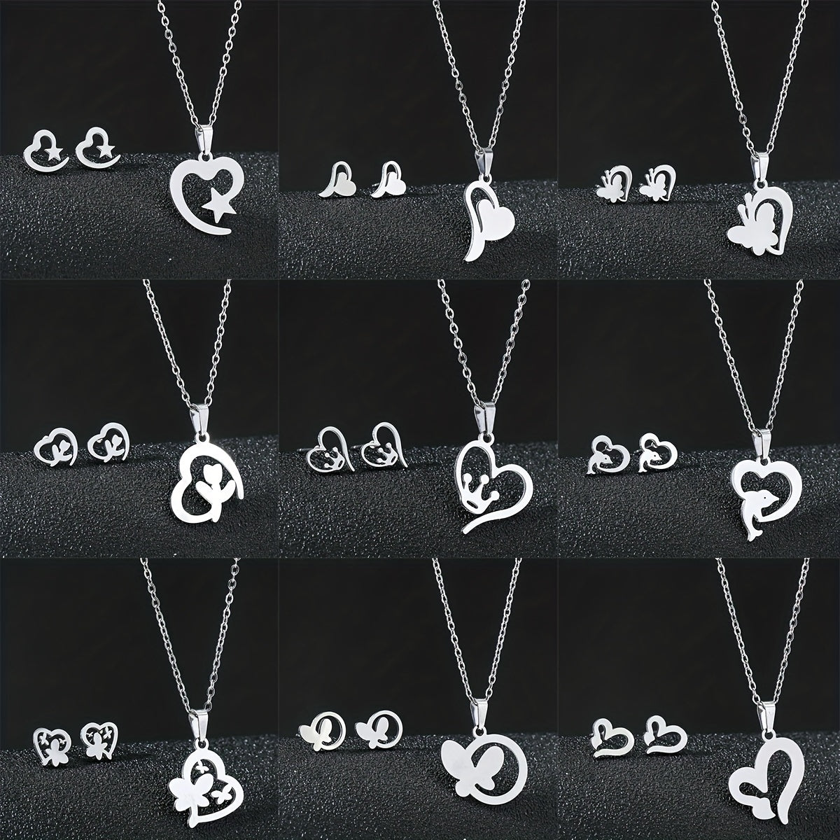 Stainless Steel Butterfly Flower Heart Stud Earrings & Necklace Set