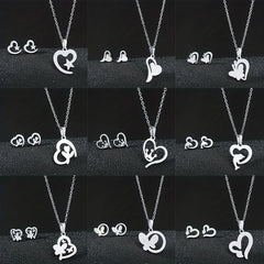 Stainless Steel Butterfly Flower Heart Stud Earrings & Necklace Set