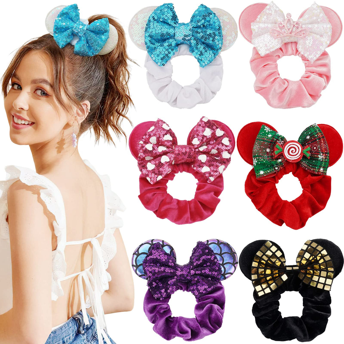 6pcs Mouse Ears Velvet Sparkle Sequin Bows Hair Scrunchies