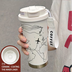 Stainless Steel Coffee Tumbler Hand Painted Airplane Map Insulated