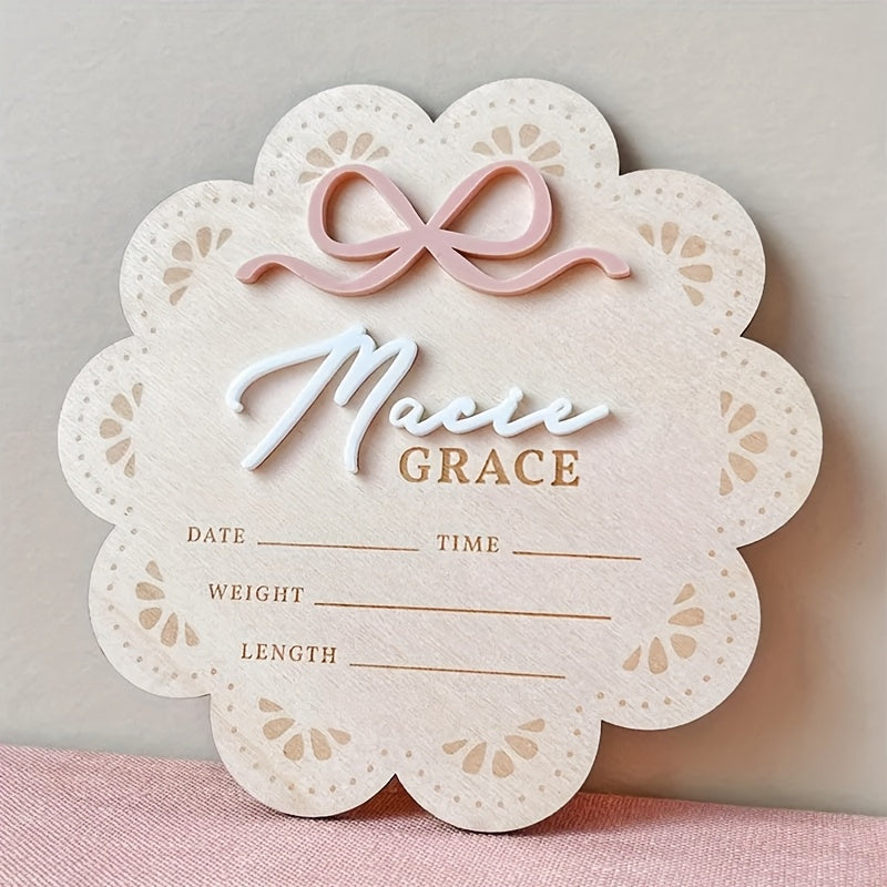 Customizable Birth Announcement Plaque Turmeric Wood with Bow