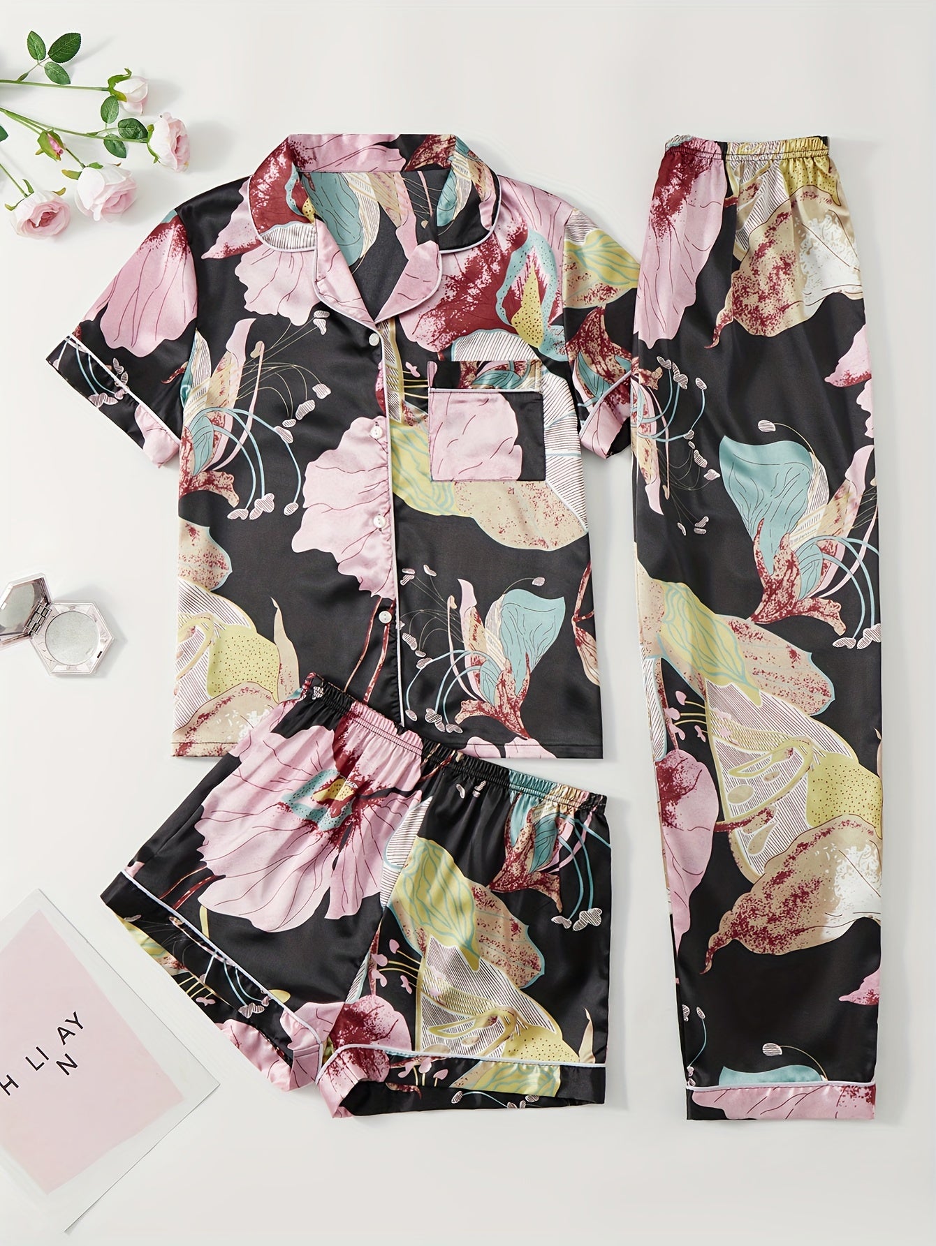 Floral Pajamas Set Short Sleeve Top & Shorts & Pants