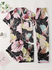 Floral Pajamas Set Short Sleeve Top & Shorts & Pants