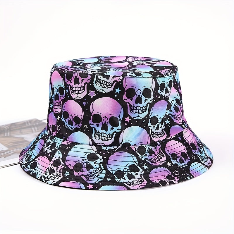 Purple Skull Print Bucket Hat Halloween Fisherman Cap