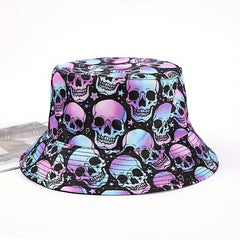 Purple Skull Print Bucket Hat Halloween Fisherman Cap