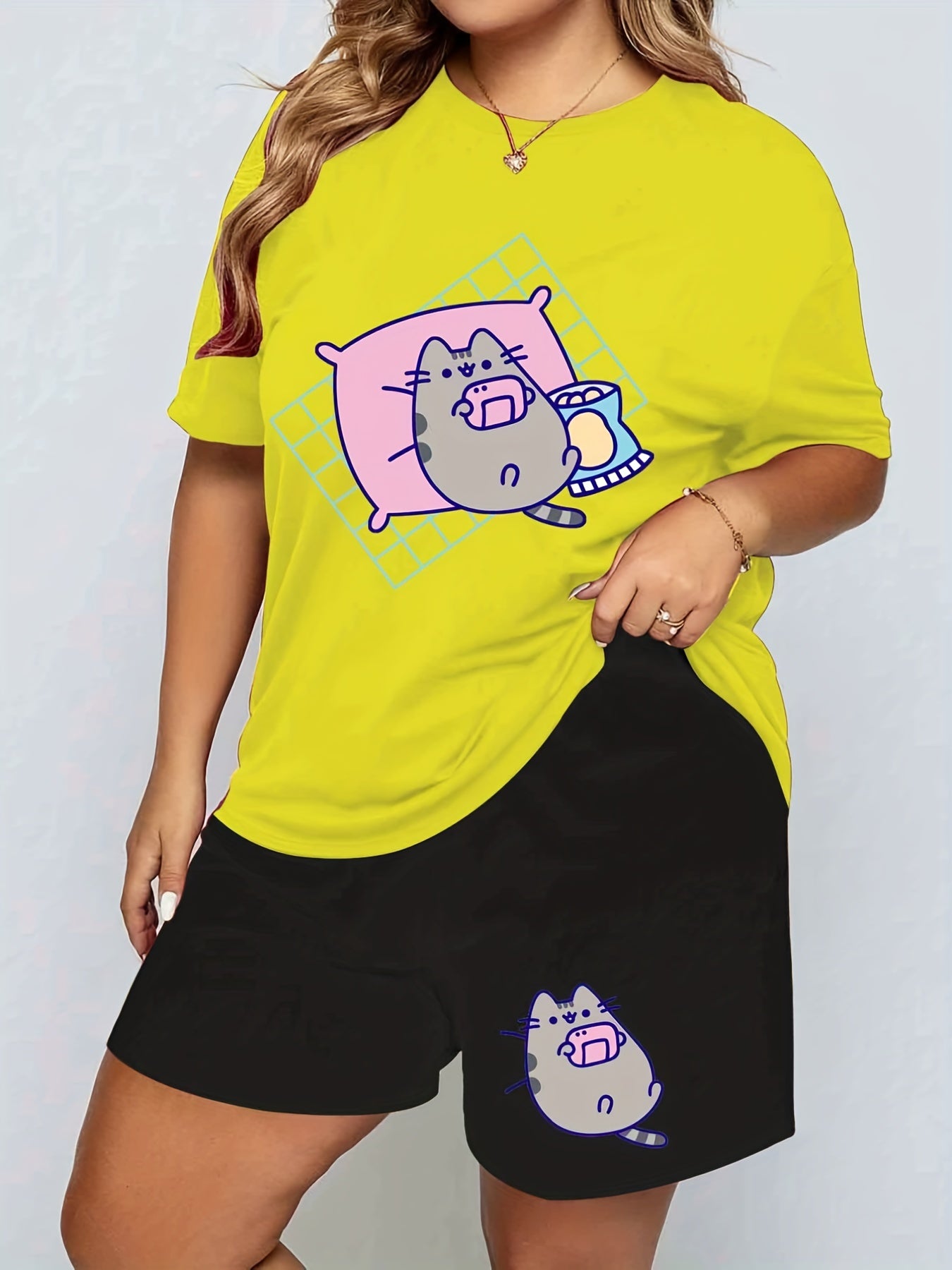  Cat Print Tee & Shorts Pajama Set