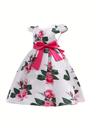 Floral Print Bowknot Short Sleeve Princess Dress