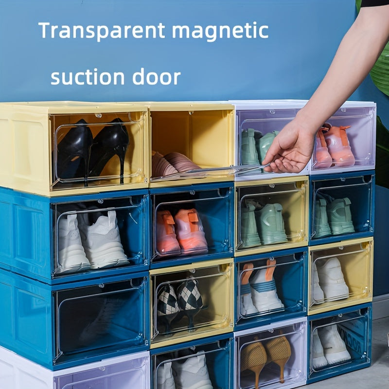 Durable Plastic Shoe Organizer with Magnetic Door - Stackable Shoe Box