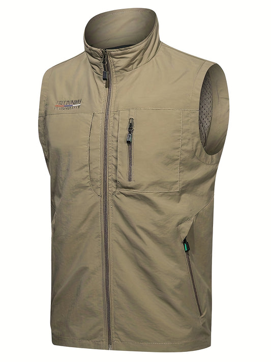 Men's Zipper Pockets Cargo Vest, Stand Collar Zip Up Vest