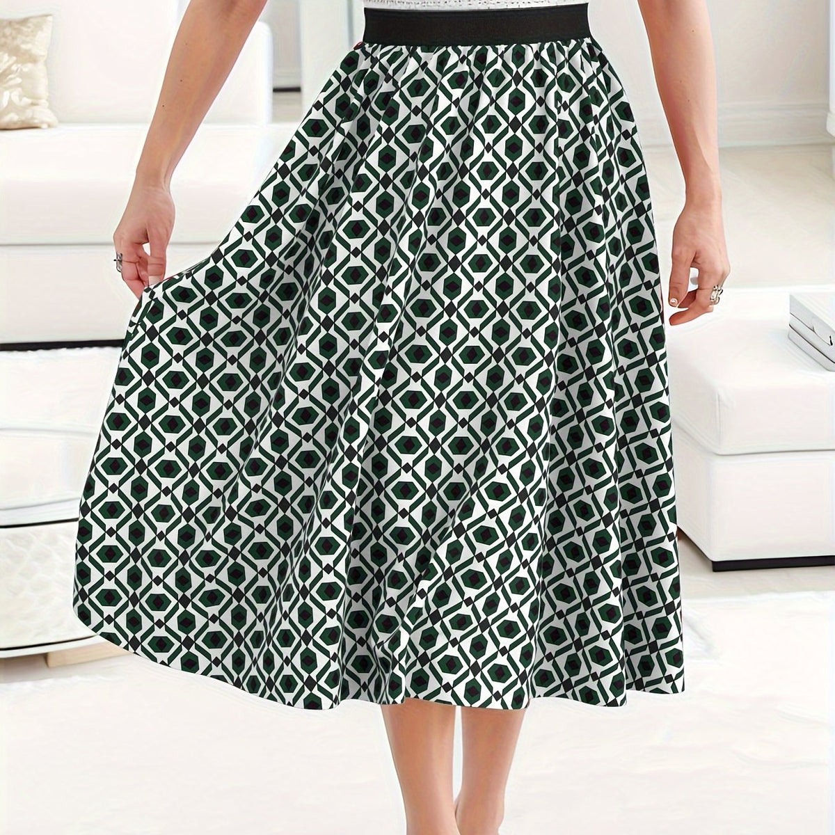  Women's Maxi Skirt Geometric Print High Rise Elastic Waist