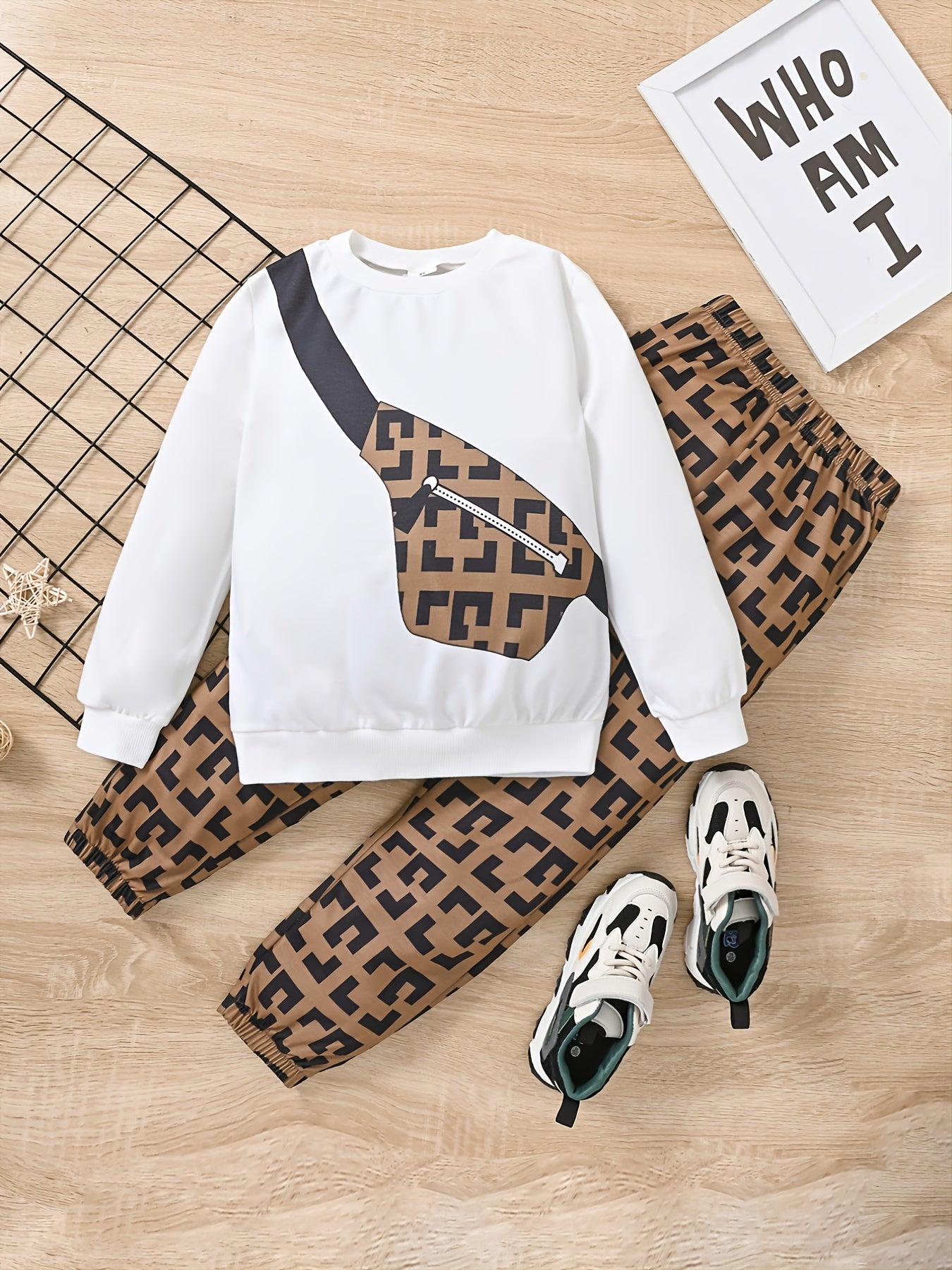 2pcs Boys Bag Print Sweatshirt & Pant Set