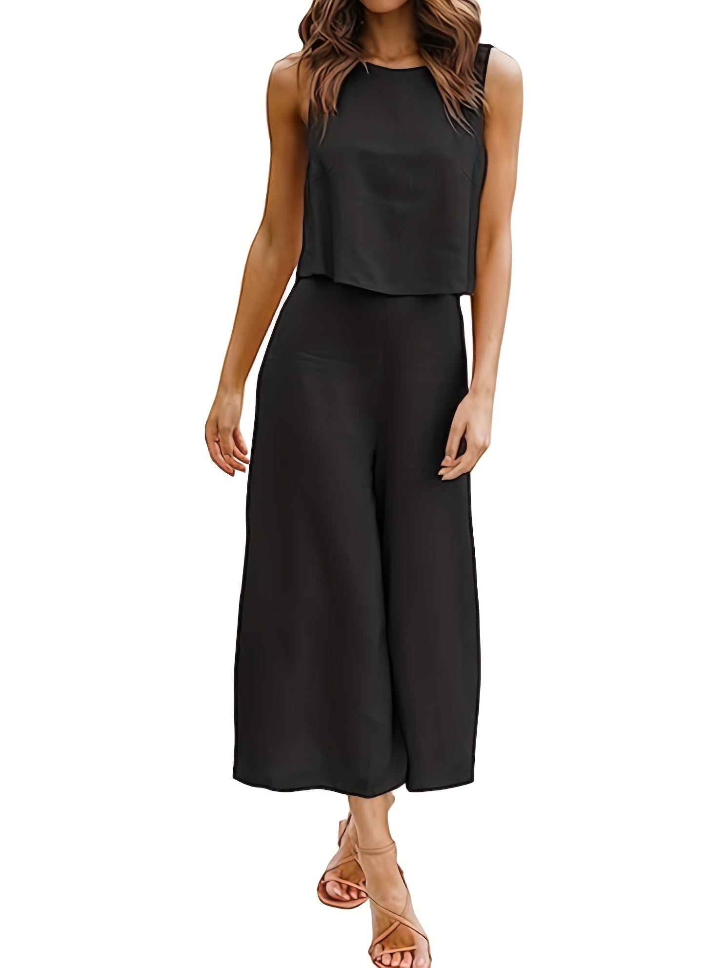  Solid Tank Top & Wide Leg Pants Set
