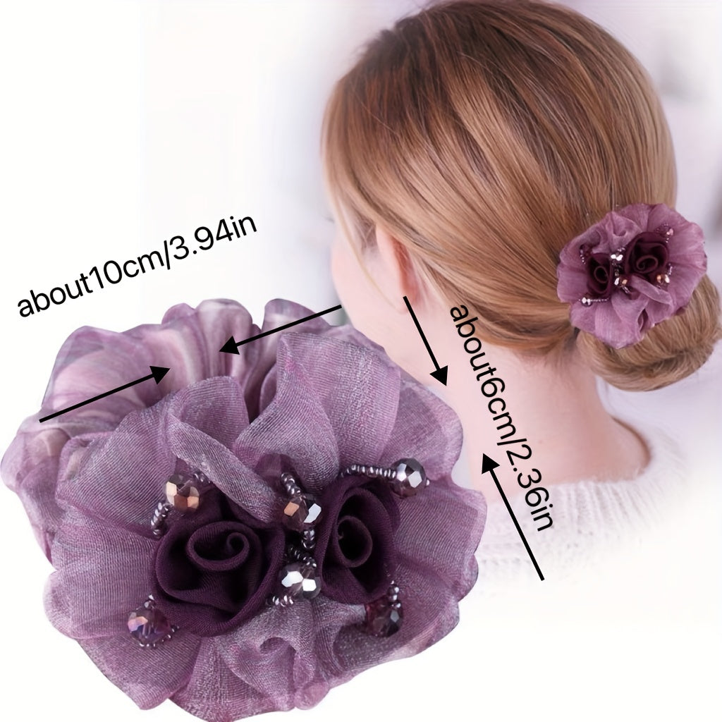 Vintage Mesh Flower Beaded Hair Scrunchie Ponytail Holder