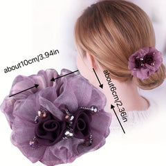 Vintage Mesh Flower Beaded Hair Scrunchie Ponytail Holder