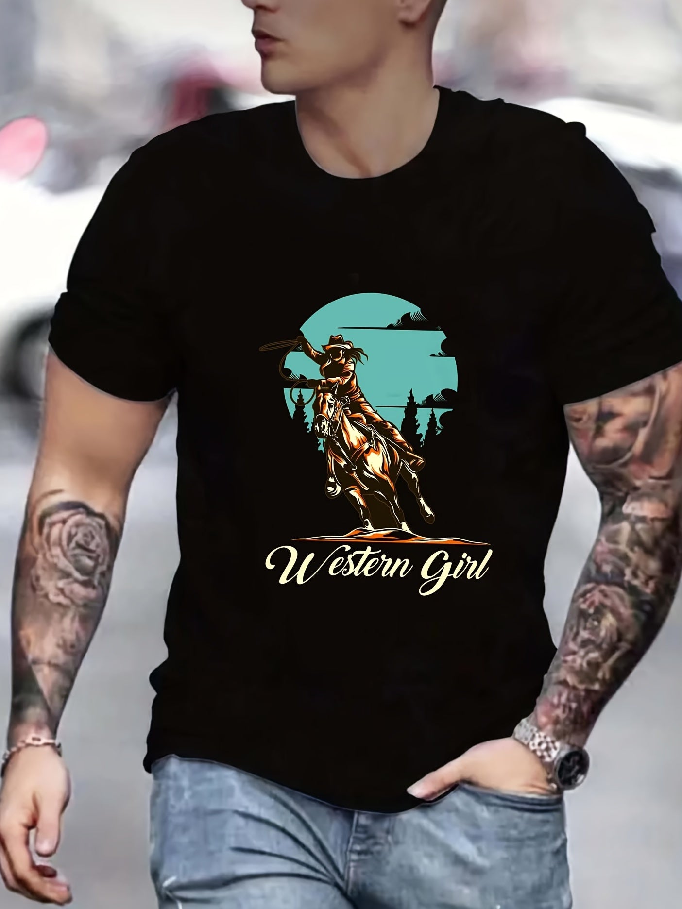 Old West Cow Girl Print Men's Graphic T-shirt for Summer
