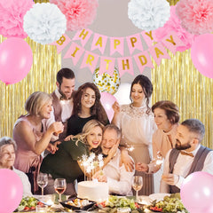 Pink Birthday Decorations Happy Birthday Banner Metallic Fringe Curtains