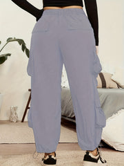  Solid Drawstring High Rise Cargo Trousers