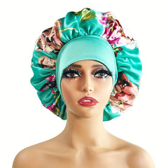 Flower Print Satin Bonnet Large Soft Elastic Sleeping Night Hat Silk Hair